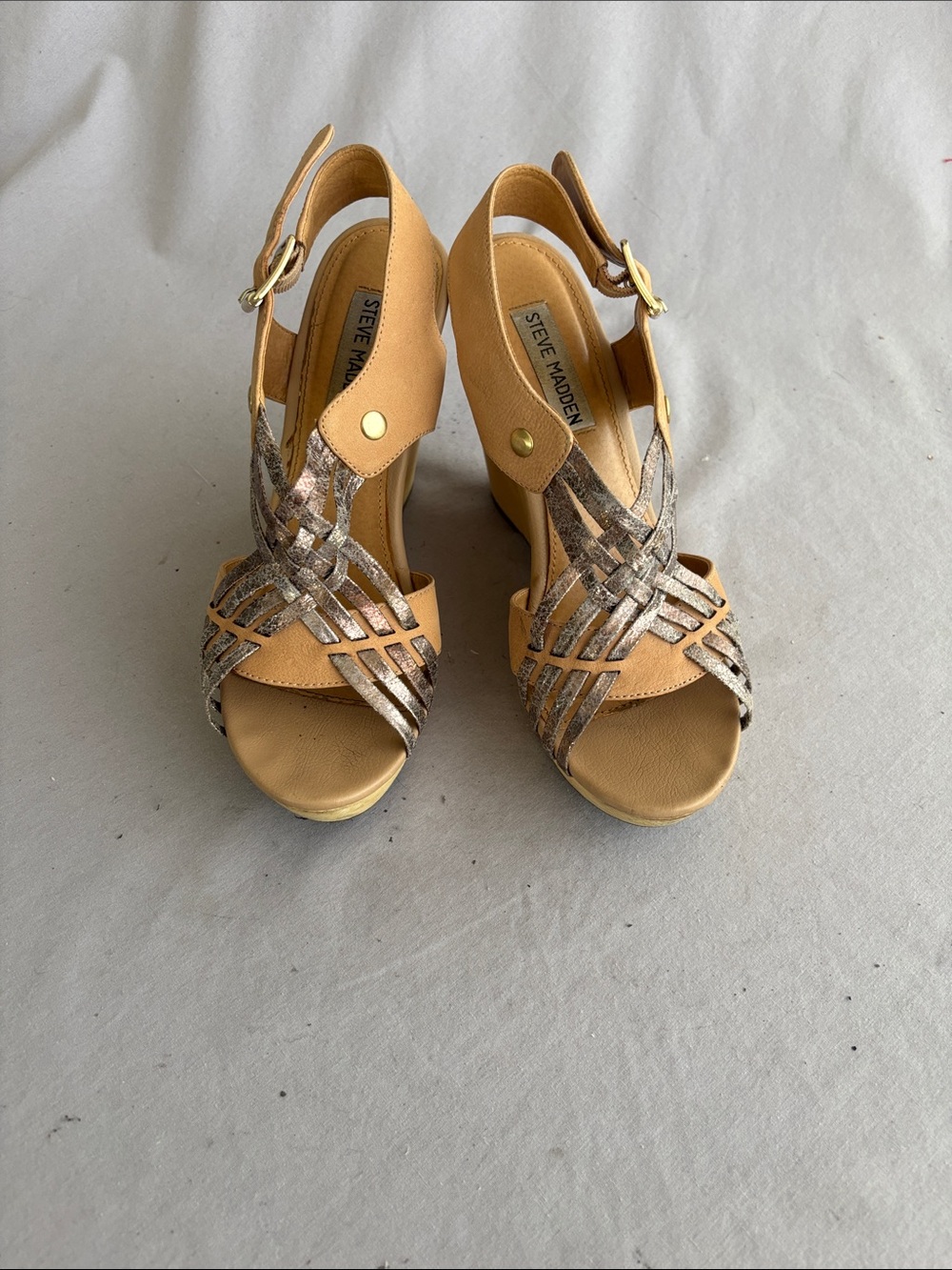Steve Madden Tan and Metallic Woven Wedge Sandals